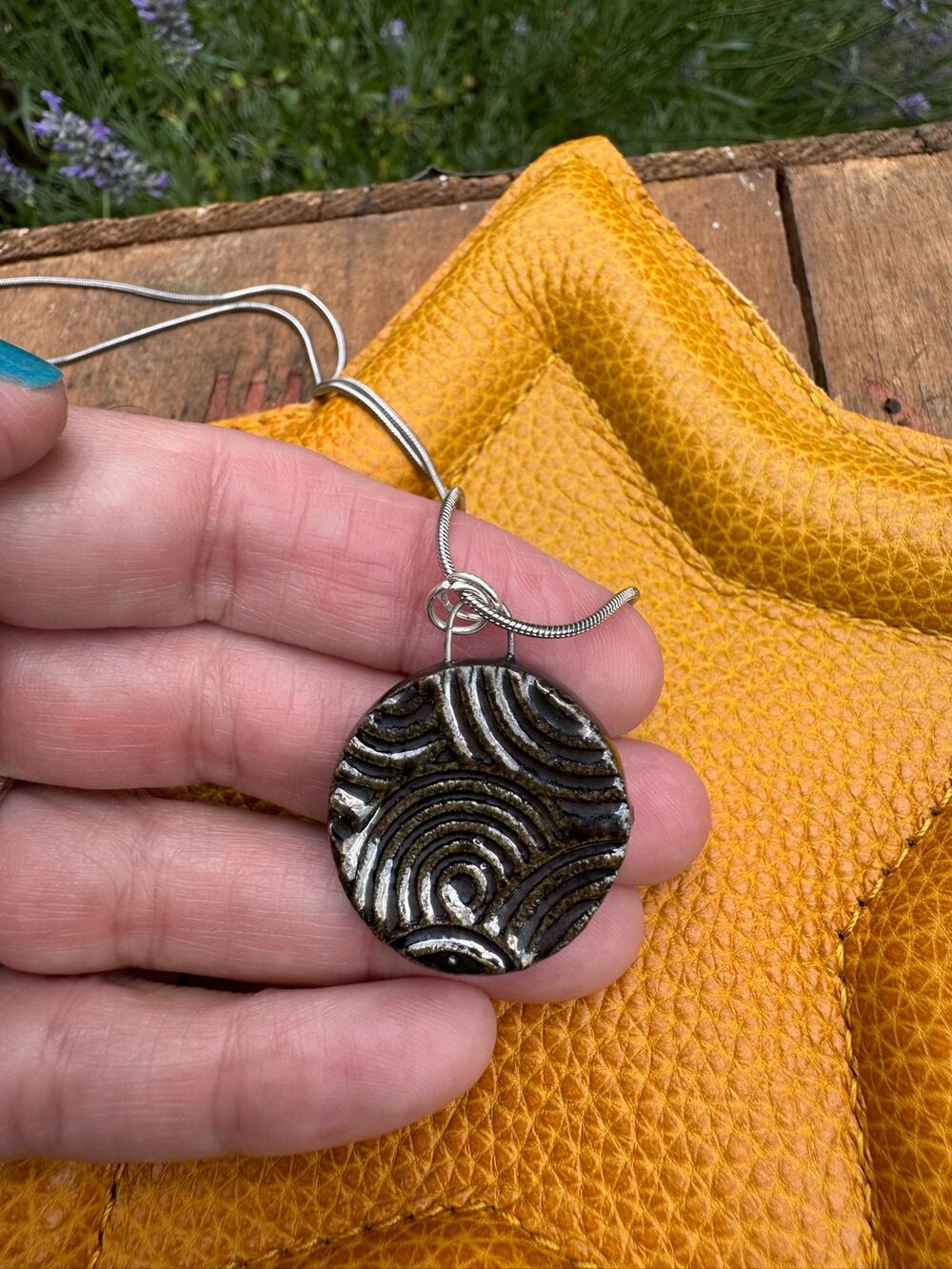 Kiln Fired Off Mirror Black Pendant Necklace Handcrafted Ceramic Circle Necklace